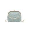 2026 Light Blue Floral Lace Clutch Bag with Pearl Chain Elegant Kiss-lock Evening Purse Wedding Party Crossbody Handbag