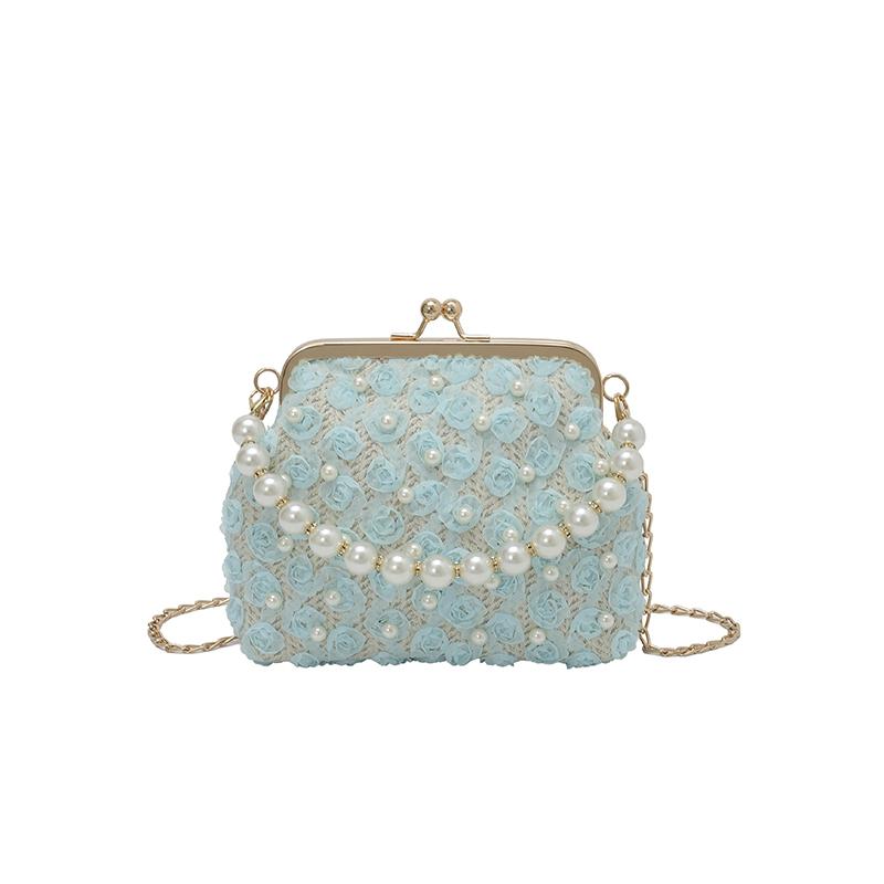 2026 Light Blue Floral Lace Clutch Bag with Pearl Chain Elegant Kiss-lock Evening Purse Wedding Party Crossbody Handbag