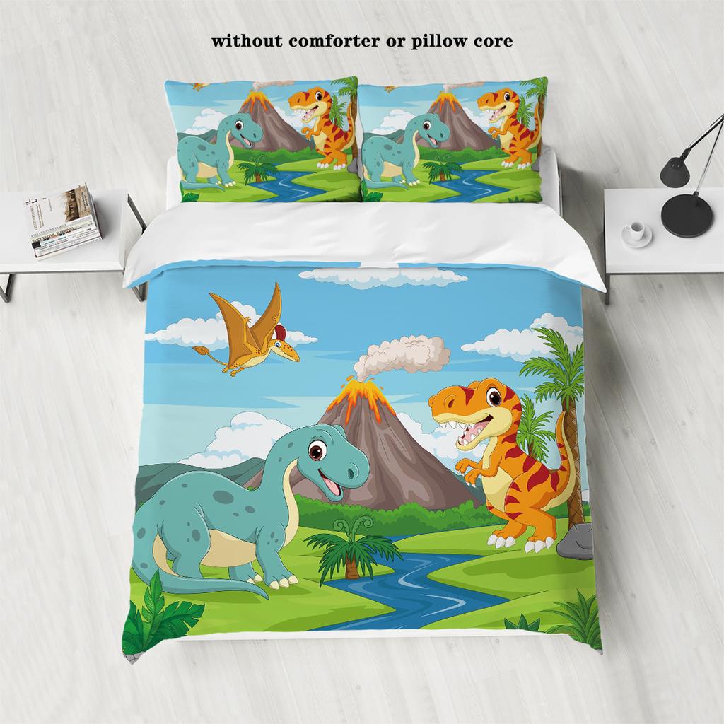 3-piece down duvet cover set with cartoon dinosaur pattern print (1 duvet cover+2 pillowcases, no core) soft bedding set