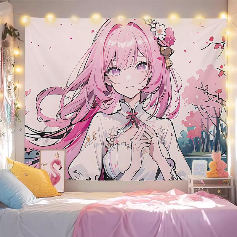 Pink Hair Anime Girl Tapestry Wall Hanging Floral Bouquet Soft Pastel Romantic Aesthetic Wall Art Bedroom Dorm Room Decor