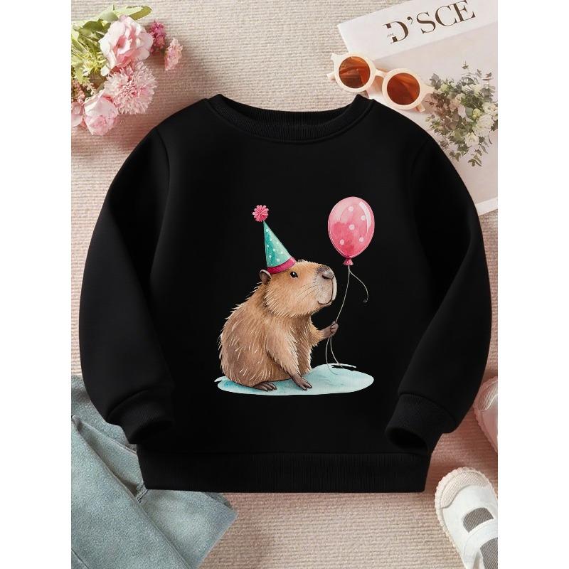 Girls' Cute Capybara & Balloon Birthday Party Sweatshirt - Soft Long Sleeve Crewneck Pullover with Capybara Graphic