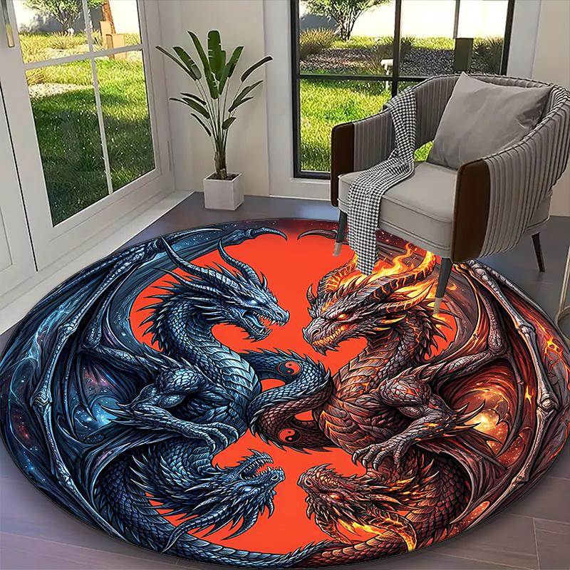 Ancient Green Dragon Rug Ideal for Reading Room, Multi-purpose Office Chair Sofa Carpet, Anti-slip Printed Home Round Rug