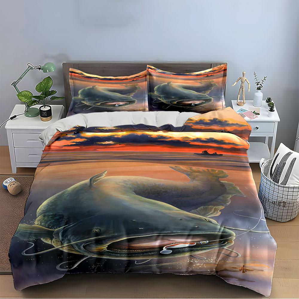 Catfish Sunset Fishing Scene Bedding Duvet Cover Set (1*Duvet Cover 2*Pillowcases, without duvet insert)