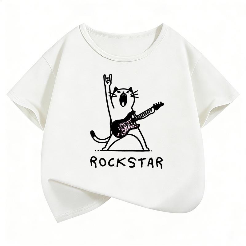 Short Sleeve Rock Star with Music Cat T Shirts Hip Hop Kids Children's T-shirt Boys Girls Summer Spring Casual Top Tee Shirt
