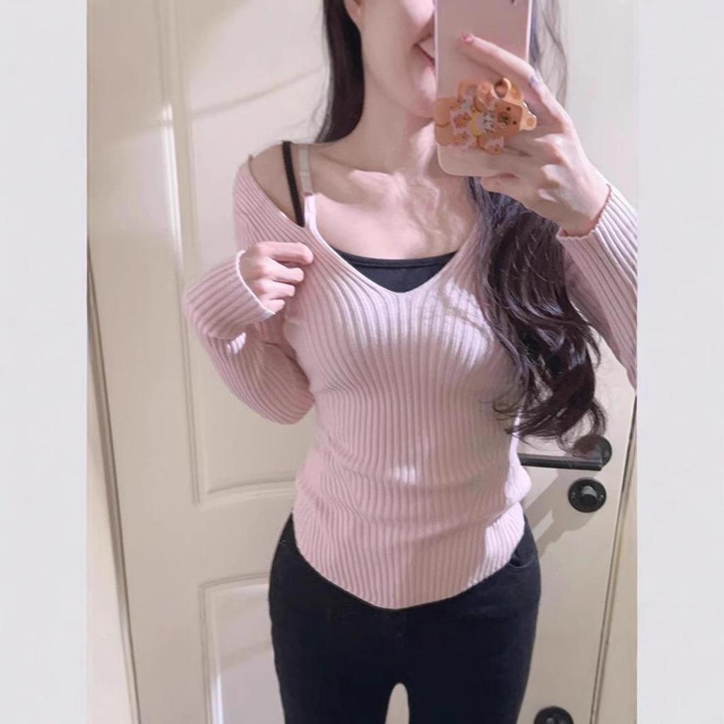 2025 BM V-Neck Off-Shoulder Knitwear: Elegant, Sexy, Body-Shaping Top