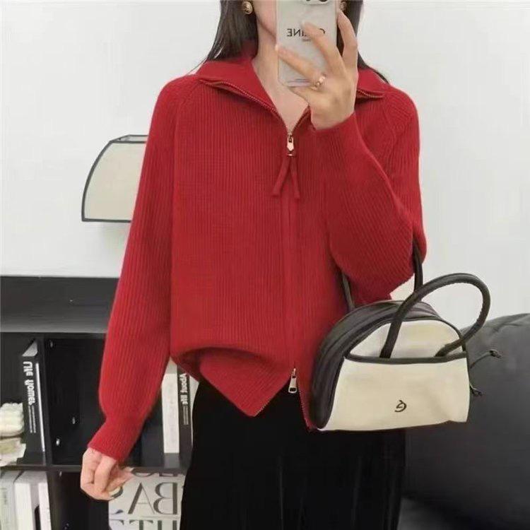 Women's High-End Stand-Up Collar Double Zipper Cardigan Jacket - 2024 Autumn/Winter Thick Knit Sweater Style