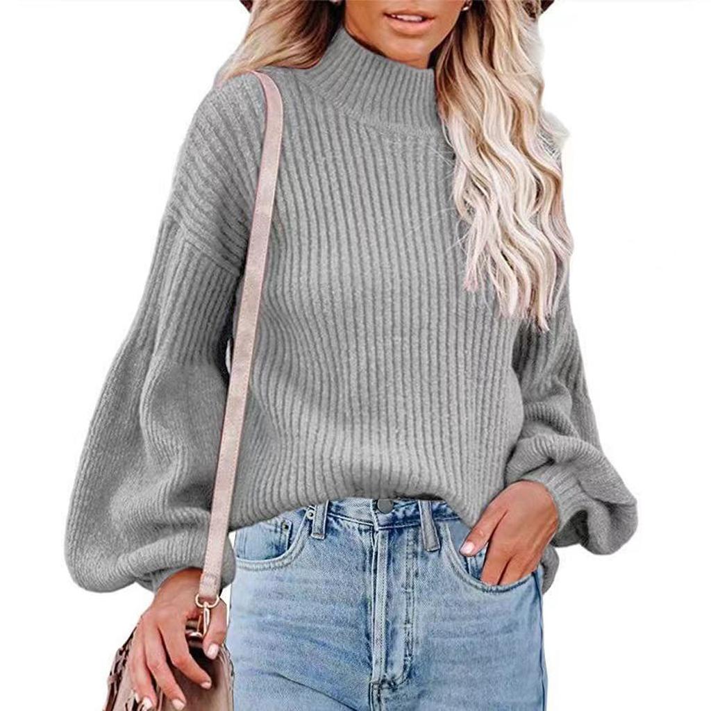 Women's Solid Color High Collar  Long Sleeve Pullover Blouse Knitted Sweater