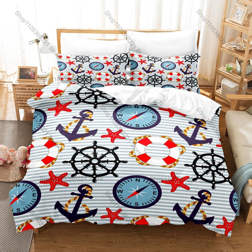 Navy Blue Anchor Theme Bedding Set 3 Pieces Marine Sailor Style Quilt Cover Set Twin Full Queen King Size Bed Linen