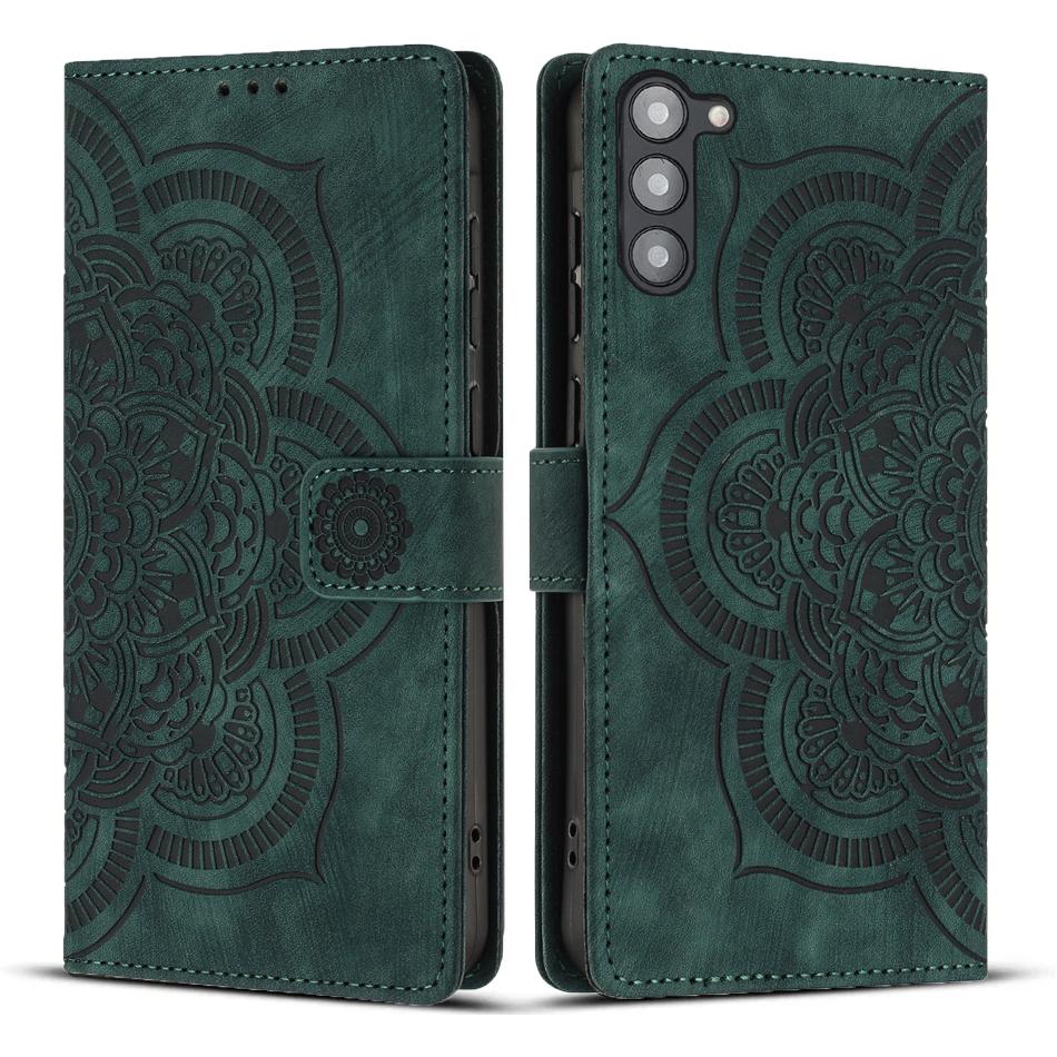 

Для Samsung Galaxy S23+ Кожаный чехол WANLONFENG Серия HDM Чехол-кошелек с оттиском мандалы и подставкой для телефона Green
