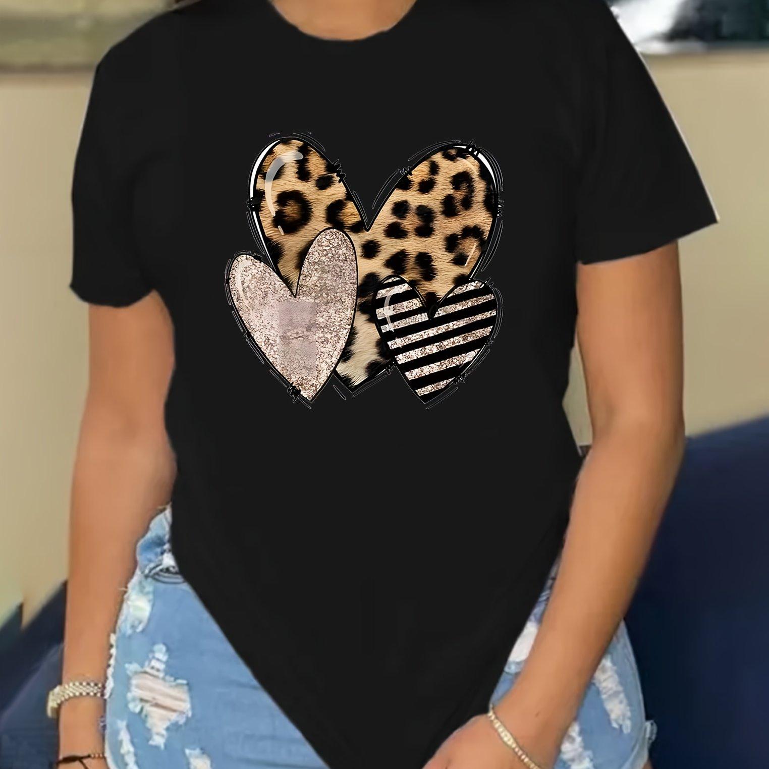 

Heart-shaped printed T-shirt, short-sleeved round neck casual top, summer and autumn, women s clothing XS