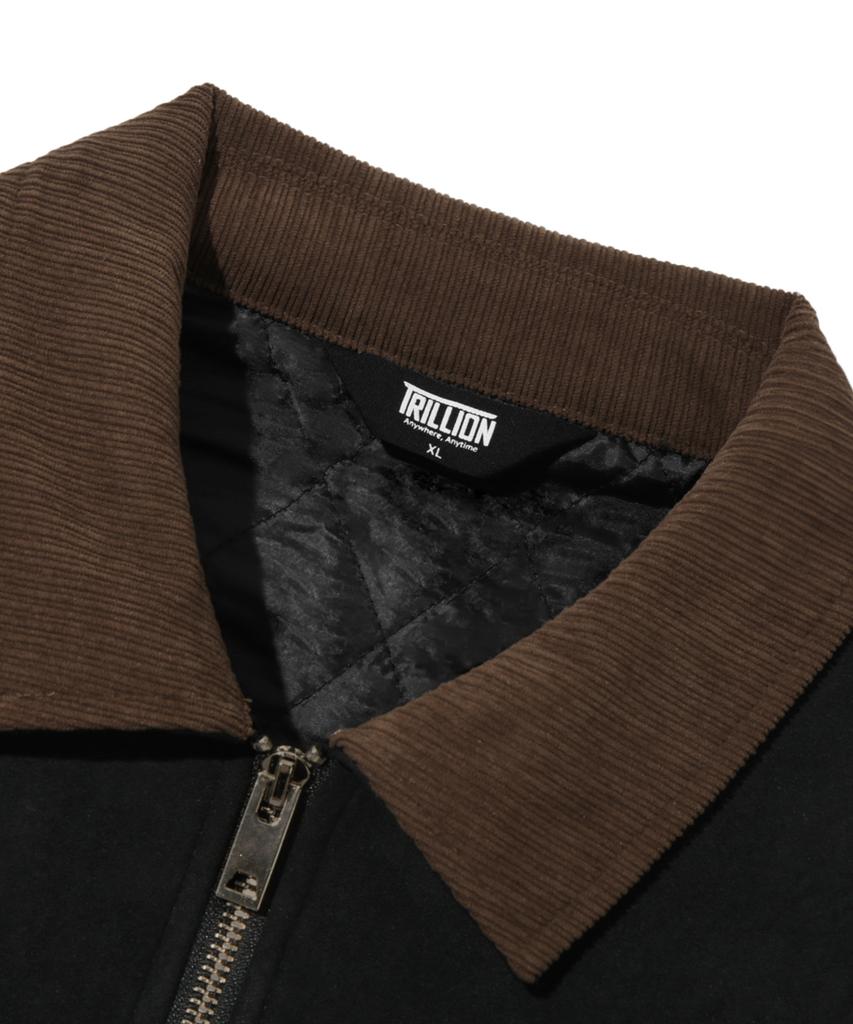 Trillion Corduroy Collar Suede Zip-Up Work Jacket [Black]