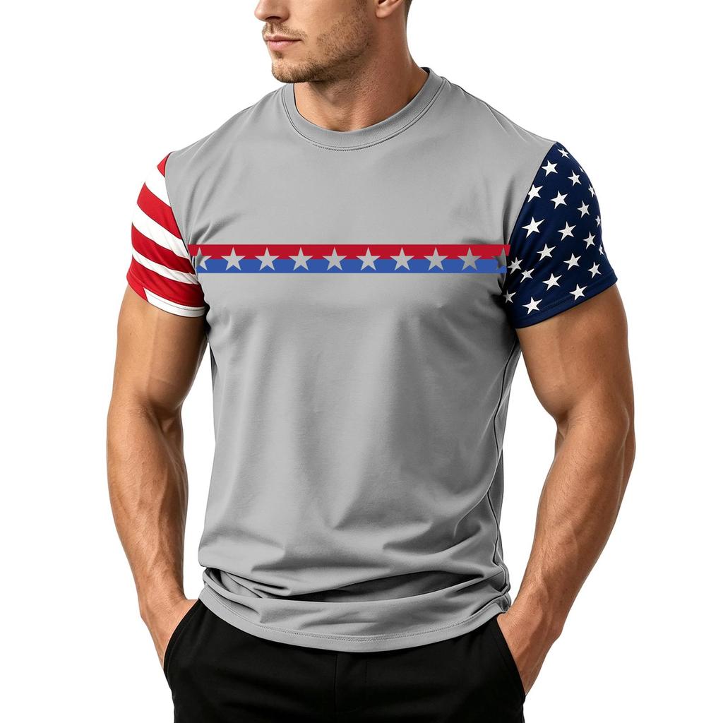 Men's Casual Short Sleeve T Shirt Loose Fit Crew Neck Lightweight Summer Daily Wear Tee with Flag Pattern Sleeve Design