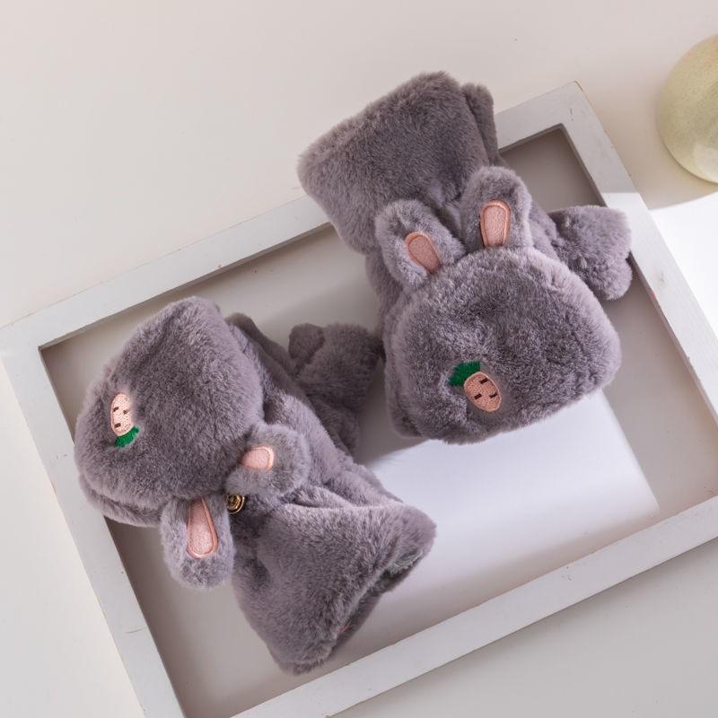 Mănuși cu urechi de iepure de pluș de toamnă și iarnă: Design drăguț cu jumătate de deget de desene animate, cald, compatibil cu ecran tactil pentru studenți și femei