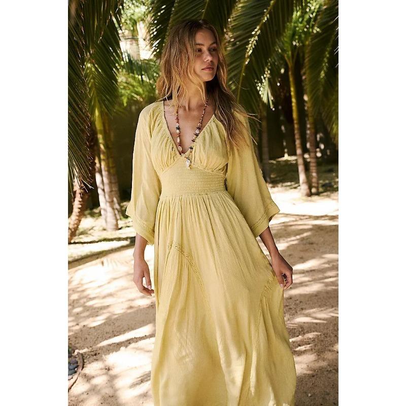 Women's New V-neck Mid-length Sleeve Holiday Beach Dress Slim Fashion Versatile Casual Solid Colour Dresses