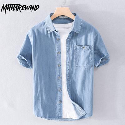 Sommer Denim Kurzarmhemd Täglicher Einfacher Stil Lässig Jeans Herren Oberteile Reverskragen Tasche Reine Baumwolle Knopfleiste Hemd Jugendlich Hübsch