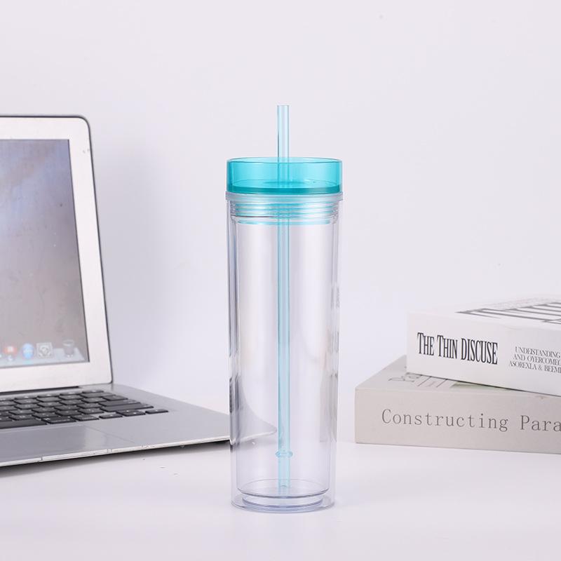 450ml Colorful Straw Cup,Skinny Clear Coffee Cup,Summer Ice Water Bottle,Double Wall Plastic Drinkware for Juice Shakes Smoothie