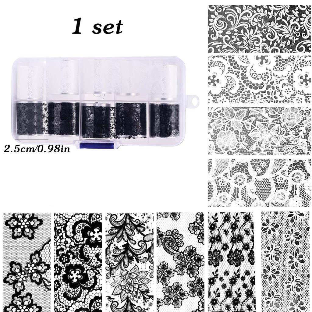 10rolls Black White Lace Nail Foils Stickers Sexy Flowers Design Nail Arts Decals Nails Salon Adhesive DIY Manicure Styling Tool