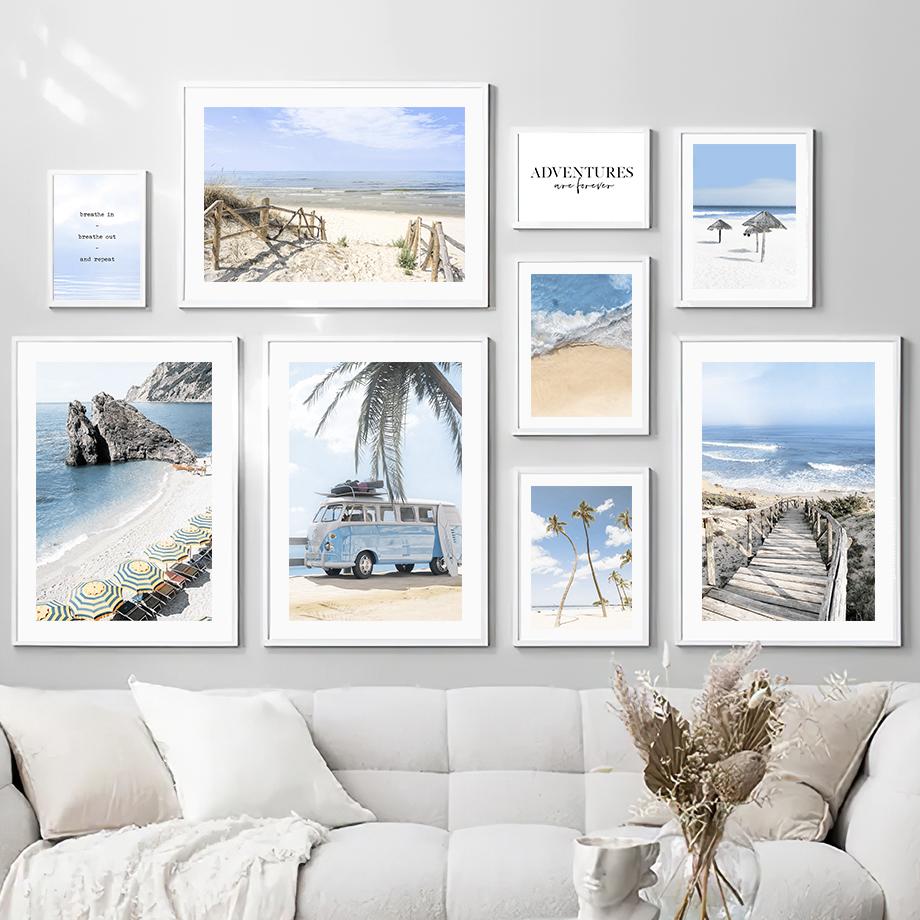Ocean Beach Car Palm Tree Bird Seascape Wall Art Canvas Painting Nordic Posters And Prints Wall Pictures For Living Room Decor