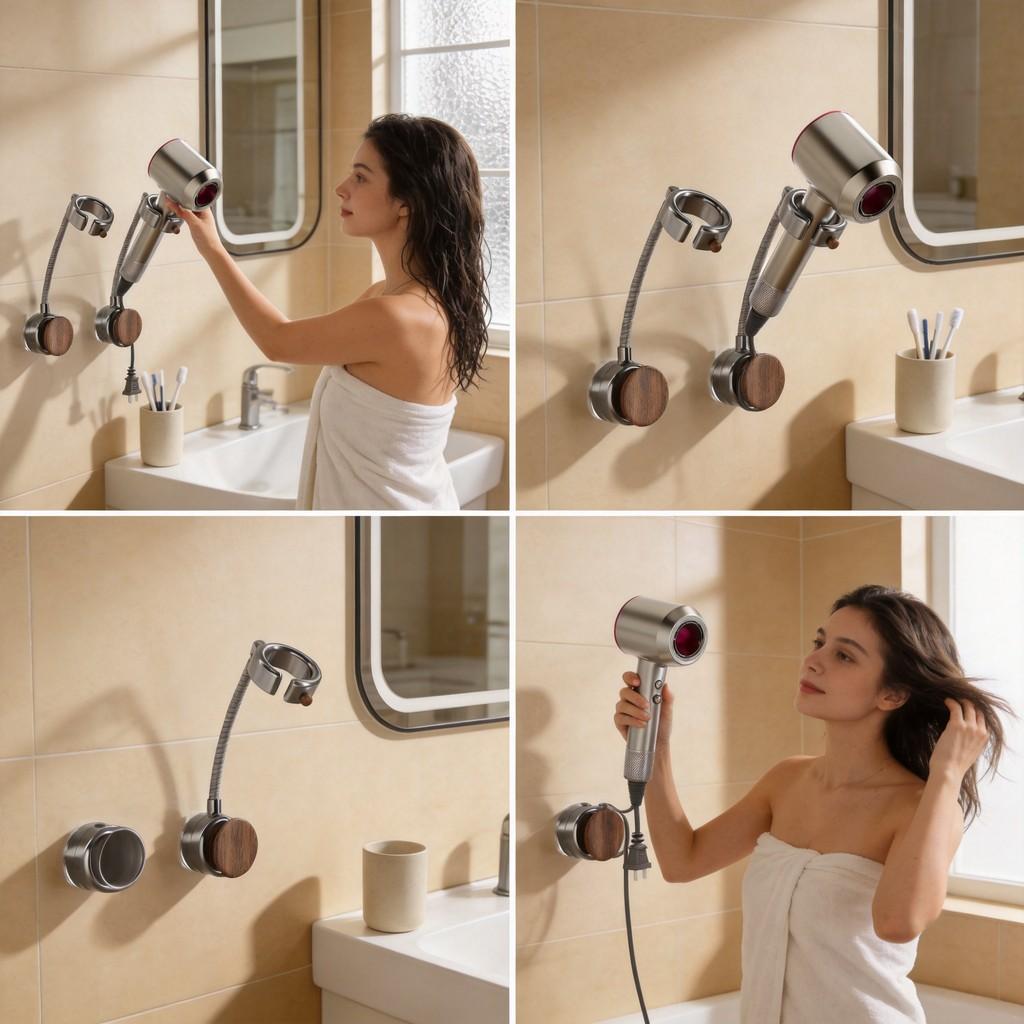 Plastic Wall Mount Hair Dryer Holder With Rotating Design For Bathroom Convenience