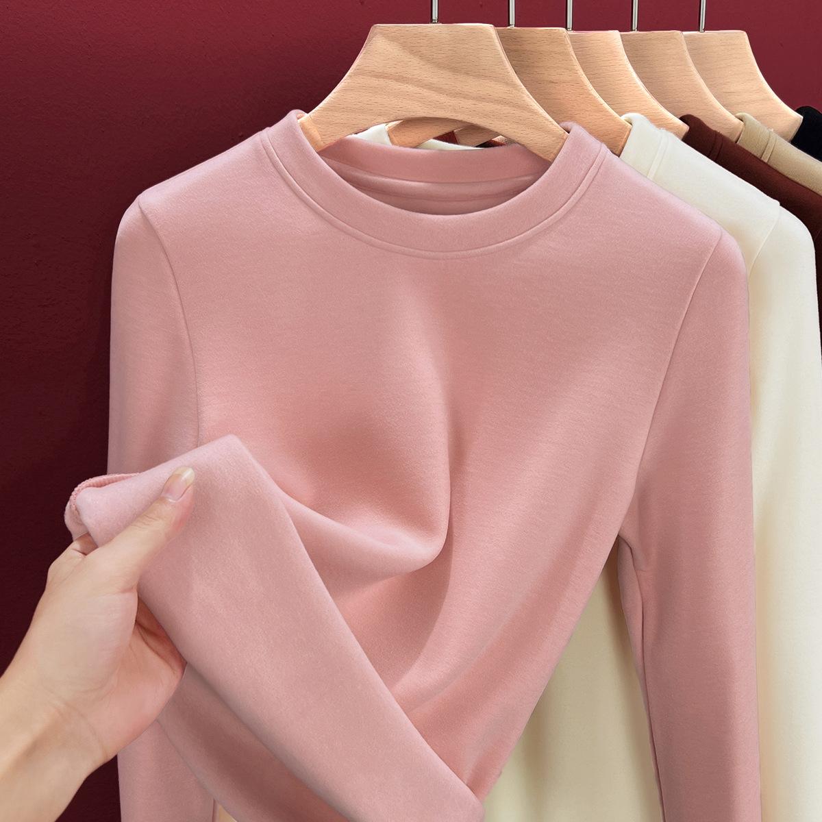 

Зимняя шерстяная шелковая футболка с круглым вырезом для женщин, осенняя одежда, термобелье, теплая бархатная с подогревом, внутренний топ с длинными рукавами XXXL розовый