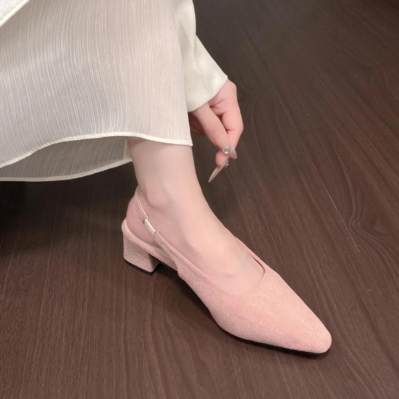 Women's Summer Sandals, Fashionable Suede Design, Sexy Pointed-toe Women's Formal Shoes, Comfortable Square-heeled Women's Shoes