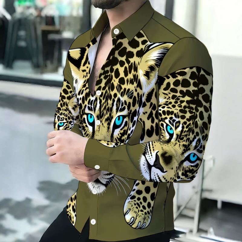 Vintage Leopard Print Shirt for Men Loose-Fitting Long Sleeve Fashionwear Summer Top