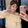 Off-the-shoulder Shirring Women's Shirt Strap with Round Beads Ruffle Edge Lantern Sleeve Blouse Spring New version Sweet Woman Top