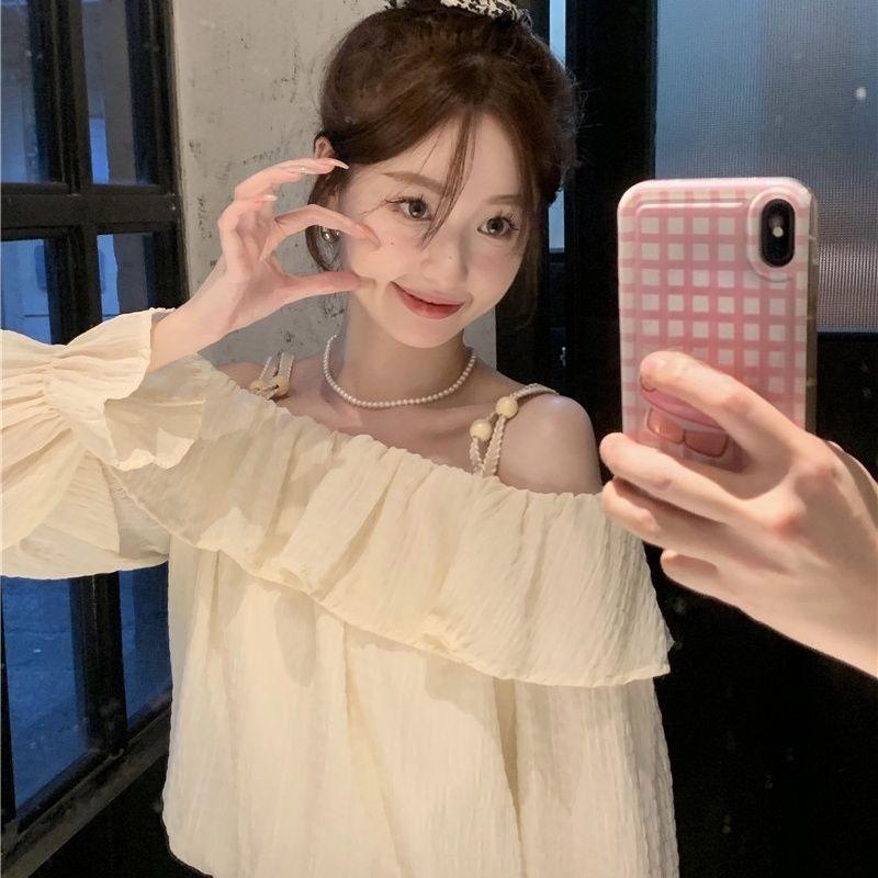 Off-the-shoulder Shirring Women's Shirt Strap with Round Beads Ruffle Edge Lantern Sleeve Blouse Spring New version Sweet Woman Top