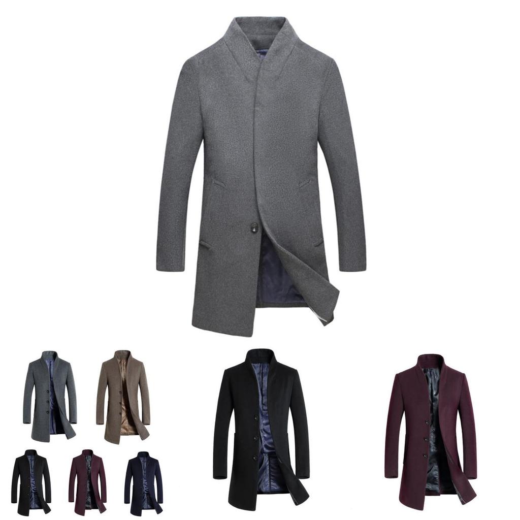 Luxurious Mens Winter Formal Trench Coat Double Breasted Long Wool Jacket Outwear