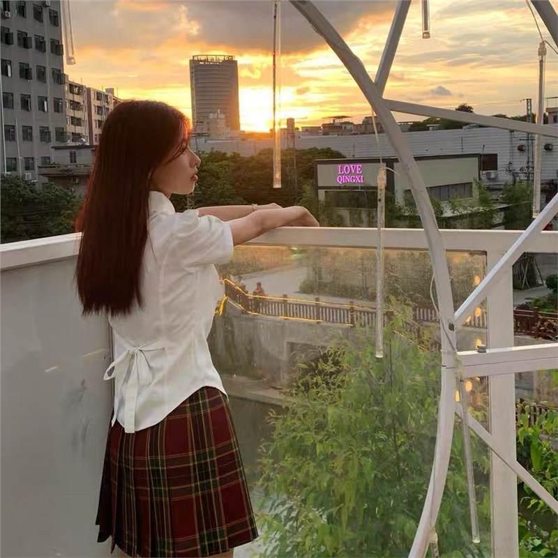 Pure Desire JK Uniform: Women's Slim-Fit Short Sleeve Shirt & Plaid Skirt Two-Piece Set