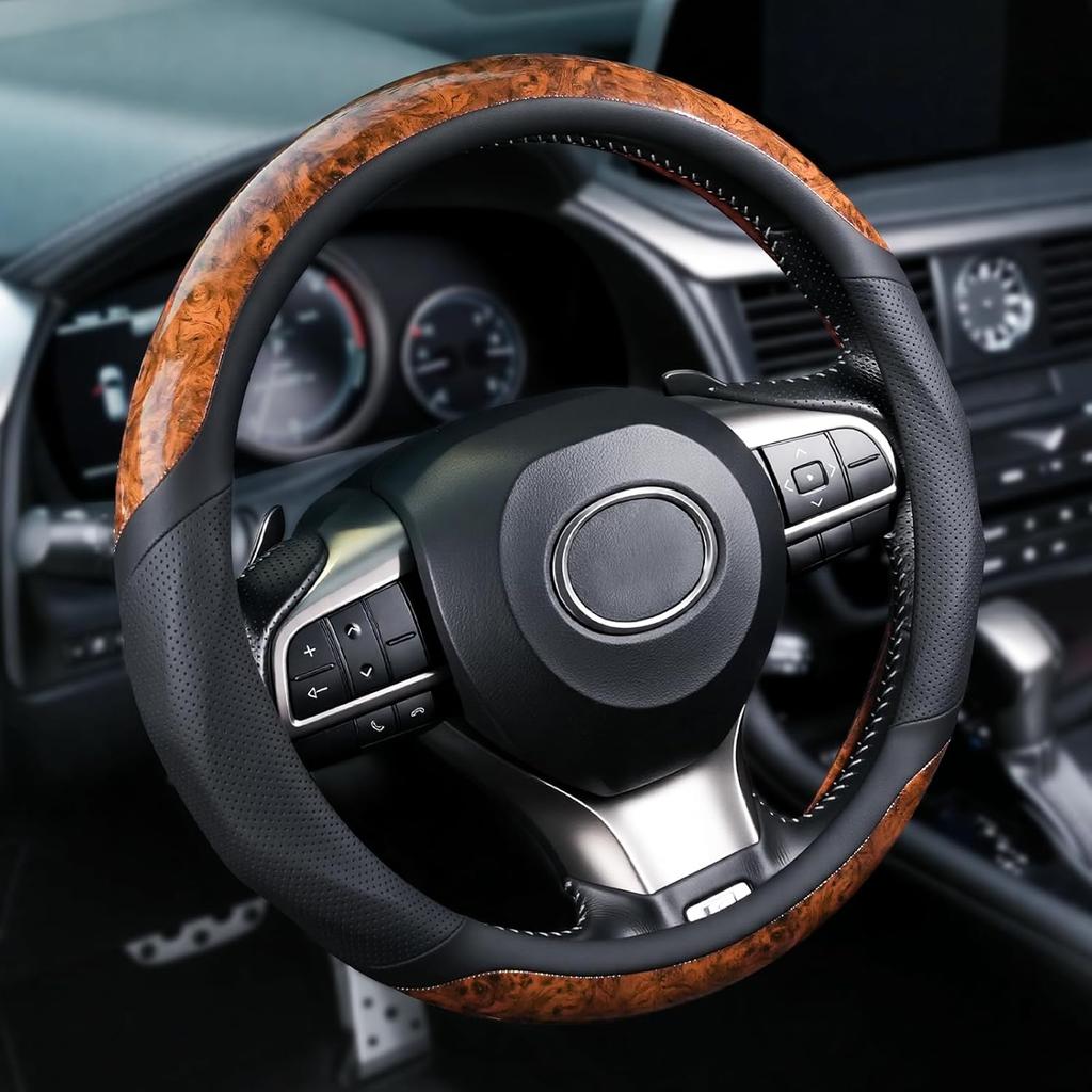 JUSTTOP Wood Grain Car Steering Wheel Cover, 14.5-15 Inchs Leather Steering Wheel Cover, Anti-Slip, Car Interior Accessories for Men Women, Universal