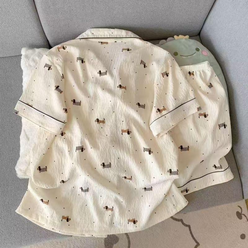 New polka dot sausage puppy pajamas women's summer black edge short-sleeved shorts set soft cute princess style loungewear