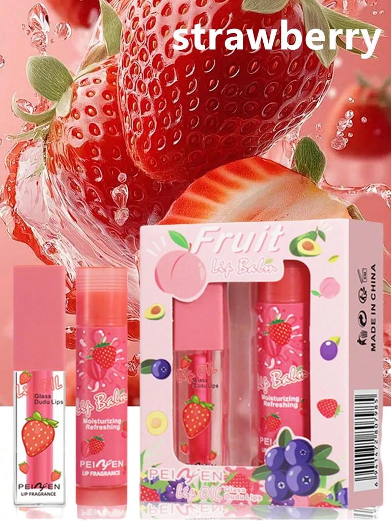 2PCS/BOX [Christmas/Valentine's Day Gift] Lip Oil Lipstick Case, Strawberry/Blueberry Fragrance, Hig