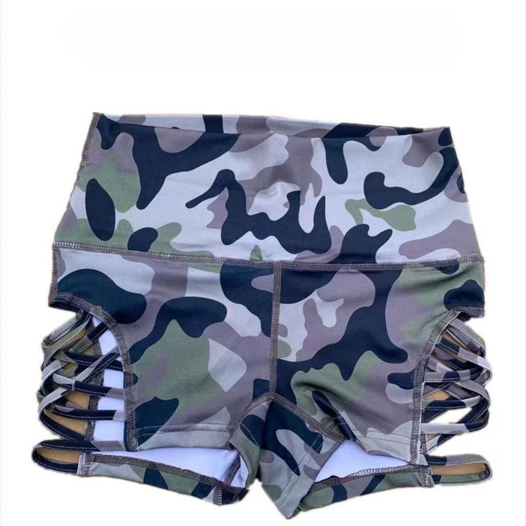 Shorts mit hoher Taille und Camouflage-Muster für Pole Dance, seitlich gekreuzt, große hohle sexy Fitnesshose