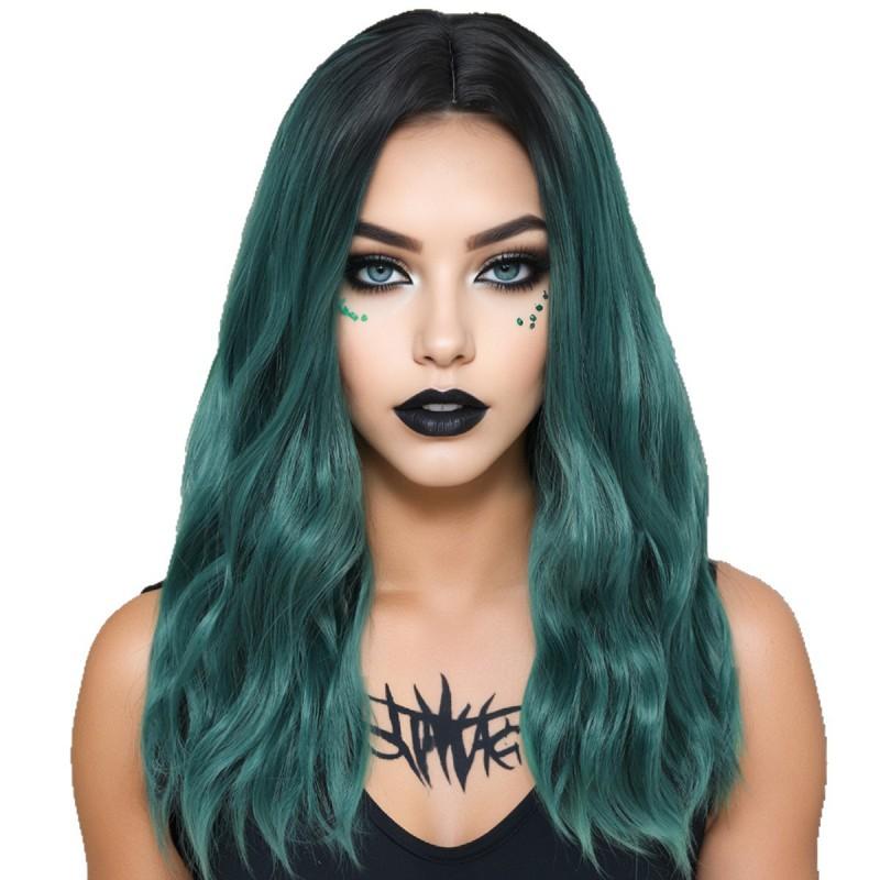 Womens Medium Part Long Wavy Wig Green Gradient Highlight Synthetic Full Fashionable Heat Resistant Any Face Shape