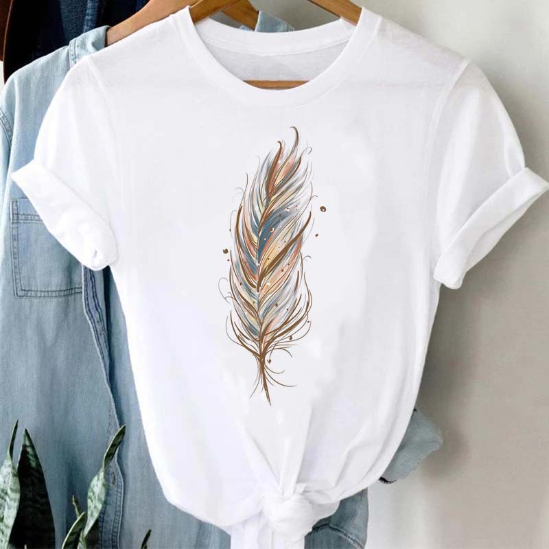 Women's T-shirt Watercolor Feather Graphic Printed T Shirt Women Short Sleeve Tshirt 90s Streetwear Female Clothes Tops