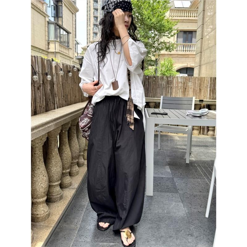 Johnature Summer Japanese High-waisted Wide-leg Women Pants Loose Breathable Comfortable Trousers