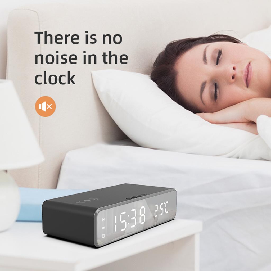 Digital Alarm Clock for Bedroom Electronic Clock with Wireless Charging for Phone Headset Thermometer Temperature Date