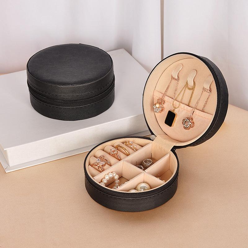 1PC Soft Lining Rings Anti-Scratch for Travel & Gifting Round Portable PU Leather Earrings Jewelry Box Multi-Functional