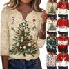 Women's Fashion Casual Christmas Print V-Neck Button Three-Quarter Sleeve T-Shirt Blouse