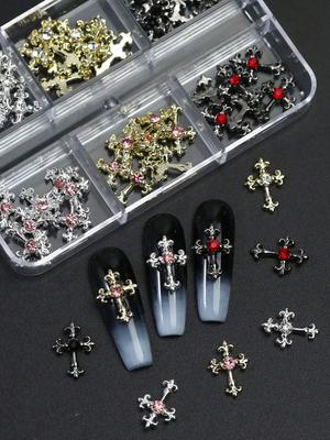 60 Stück Y2K Gold Silber Schwarz Kreuz Nageldekorationen Set Mit Strasssteinen Legierung Nagelkunst Charme Zubehör Für Maniküre DIY Styling
