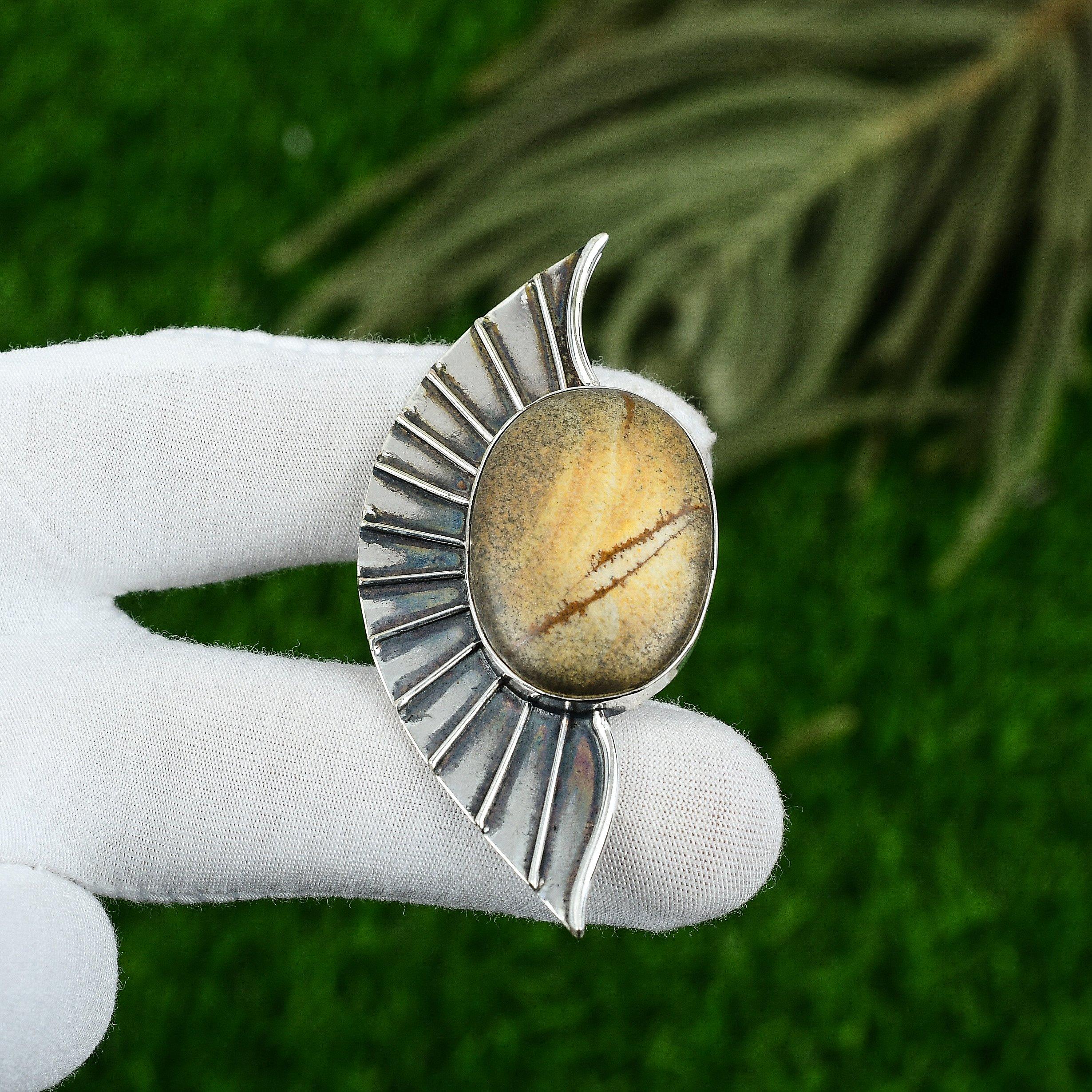 Sterling Silver Oval Picture Jasper Stone Wife Birthday Elegant Bezel Pendant
