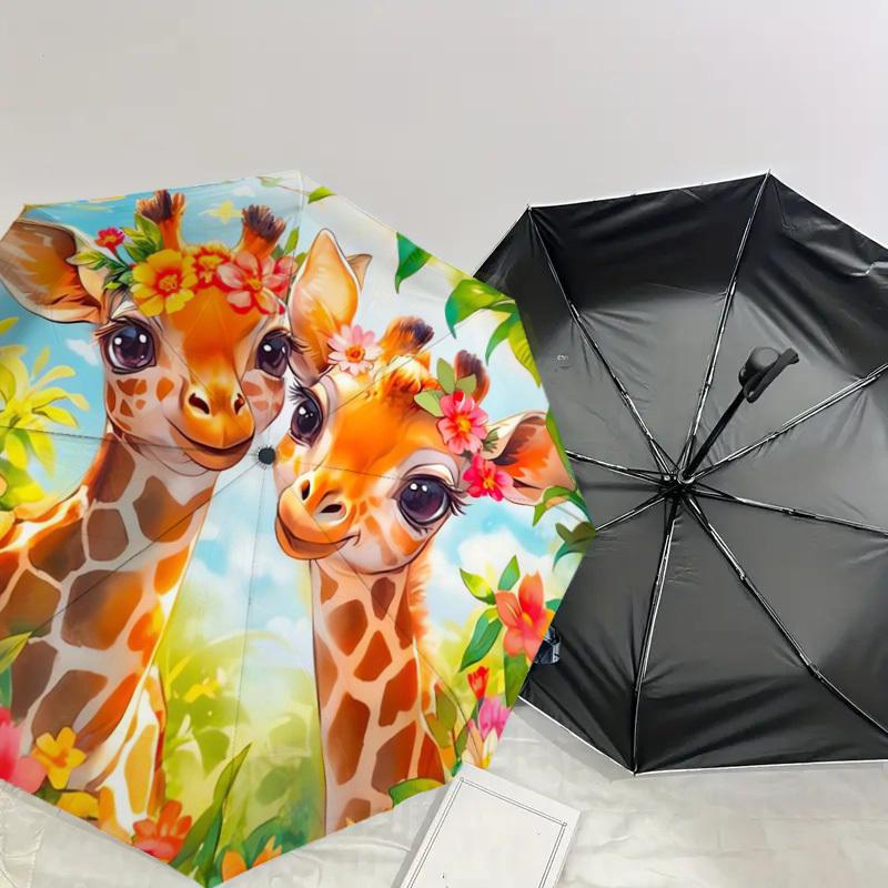 1pc Giraffe Floral Garden Umbrella with Plastic Handle,Suitable for All Seasons Home Travel Outdoor UmbrellaDD308