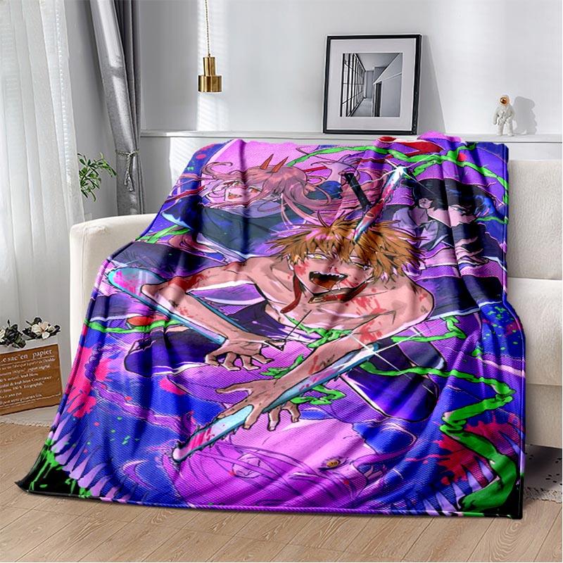 Anime Chainsaw Man Blanket Makima Pochita Power Character Flannel Blanket Comfortable Warm Blanket Gift for Family Friend