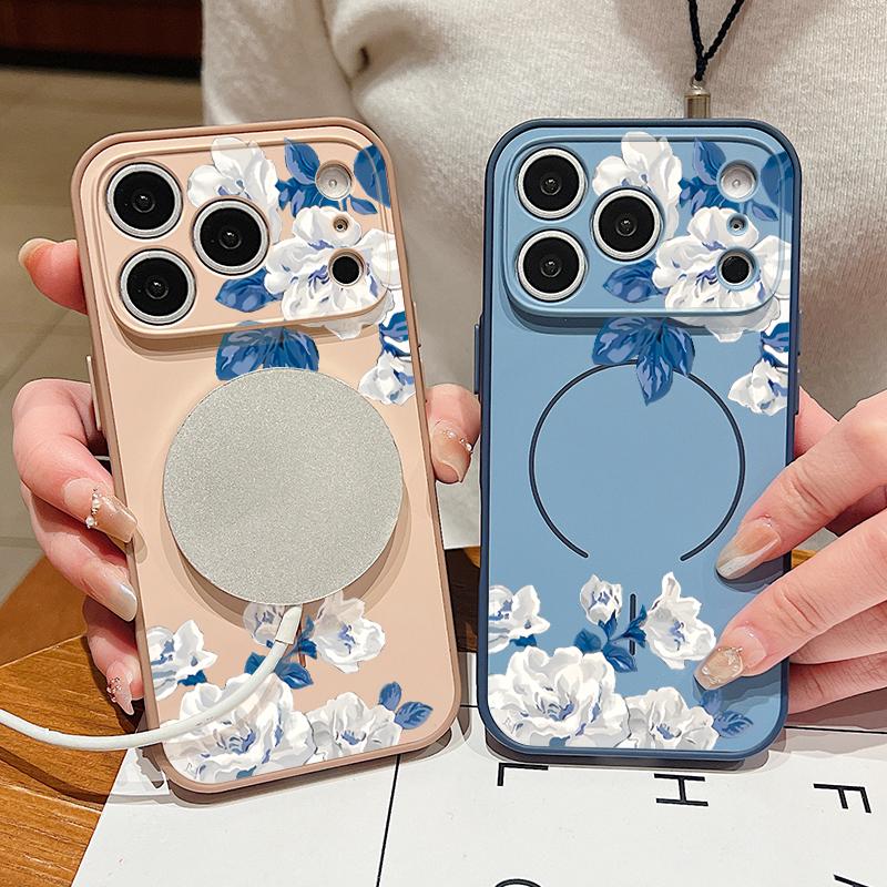 White Gardenia Floral Pattern For iPhone 17 Pro Max Funda iPhone 16 15 14 13 Pro Max Skin Feeling Magnetic For Magsafe Shockproof Bumper Cover