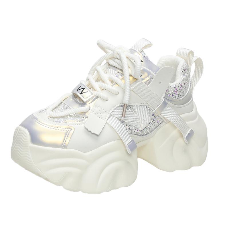 

Модные женские осенне-весенние массивные кроссовки, обувь из кожи на толстой подошве, обувь на высокой платформе, вулканизированная обувь, блестящая, повседневная, спортивная, обувь для папы, 7 см 34 бежевый