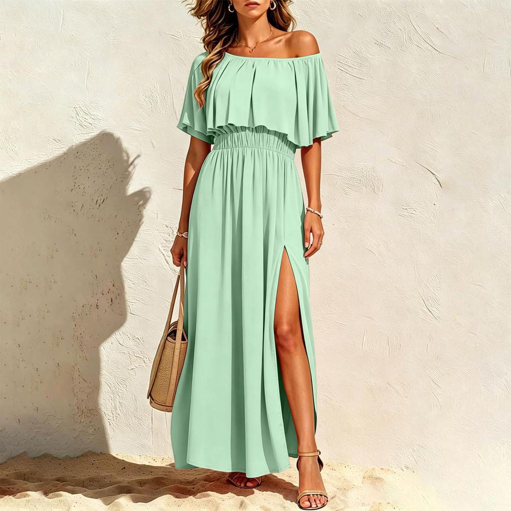Damen schulterfreies farbiges Strandkleid mit elastischer Taille
