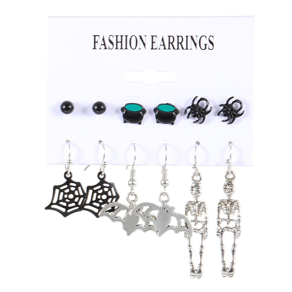 Cross-Border Halloween Earrings Set: Ghost, Pumpkin, Witch, Skeleton, Spider, Black Cat, Bat, Spider Web Ear Studs
