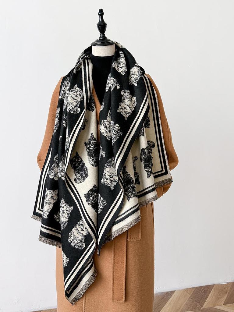 Luxury Butterfly Print Faux Cashmere Scarf: Warm, Stylish Color-Block Shawl for Women, Perfect Winter Neck Warmer