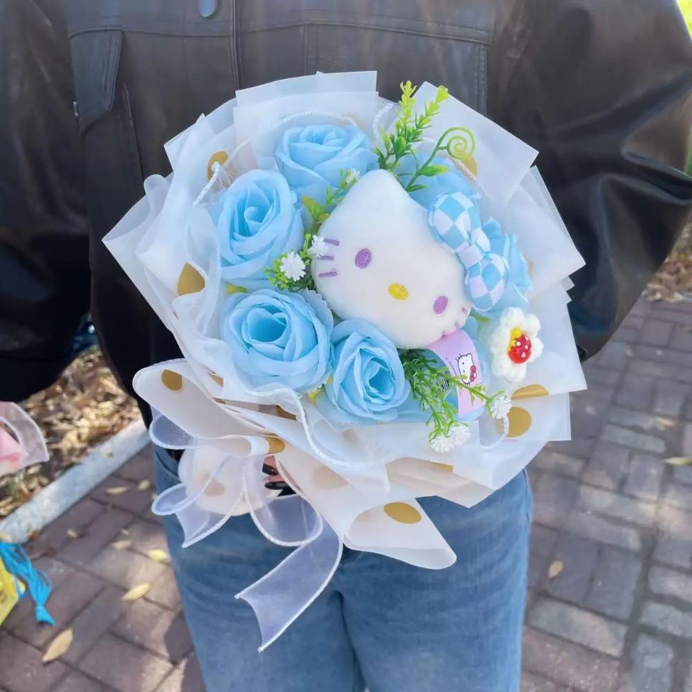 Bambole Gatto Kawaii Hello Kitty con Fiori Artificiali Bouquet Creativo Regali di Natale San Valentino Compleanno Laurea
